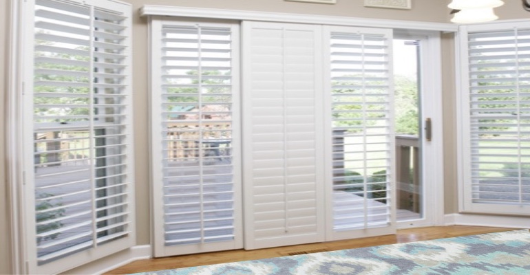 [Polywood|Plantation|Interior ]211] shutters on a sliding glass door in Indianapolis
